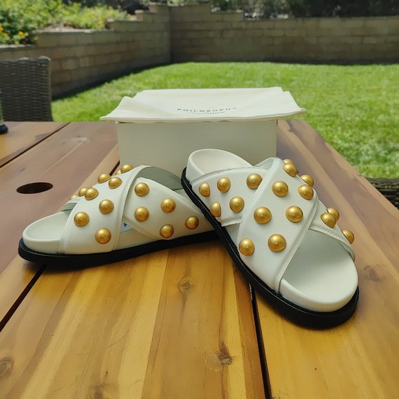 NIB PHILOSOPHY di LORENZO SERAFINI Gold Studs White Leather Sandals. 7 37 - Picture 4 of 7